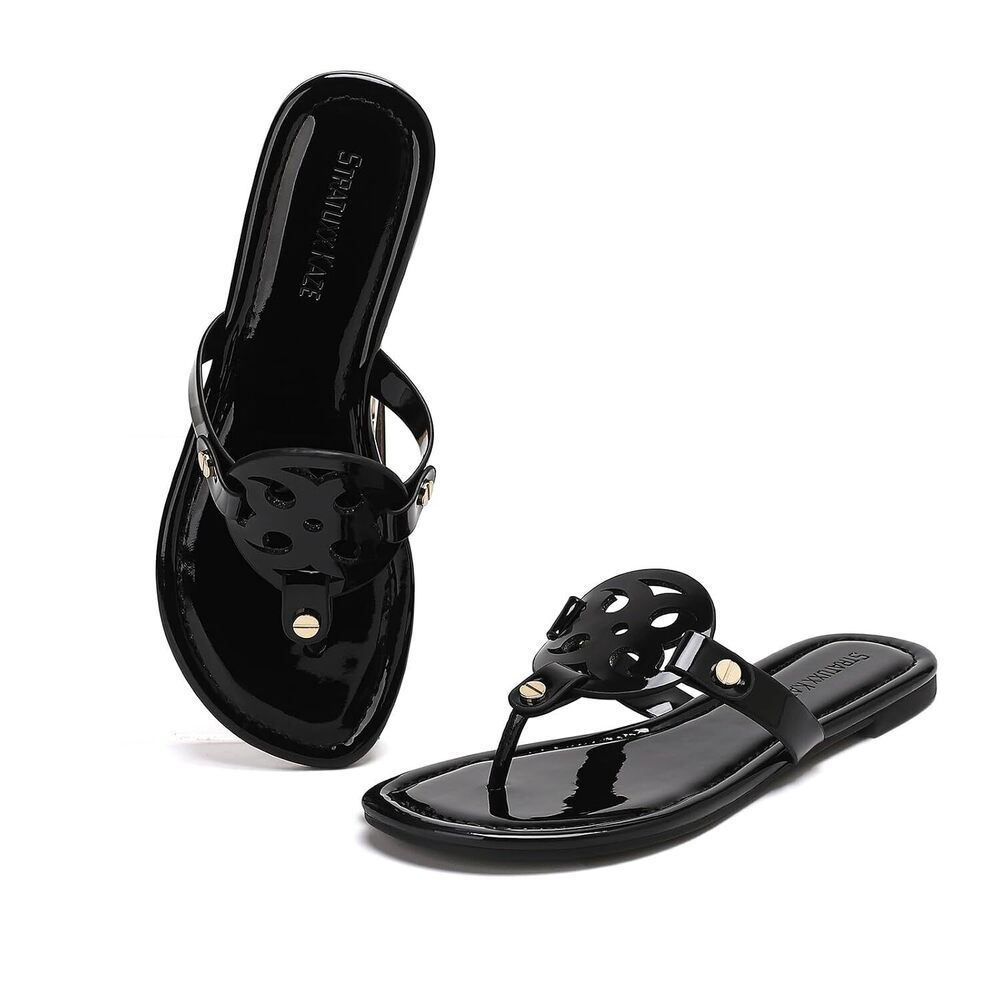 Women's Dressy Patent Leather Thong Sandals with Memory Foam,Comfy